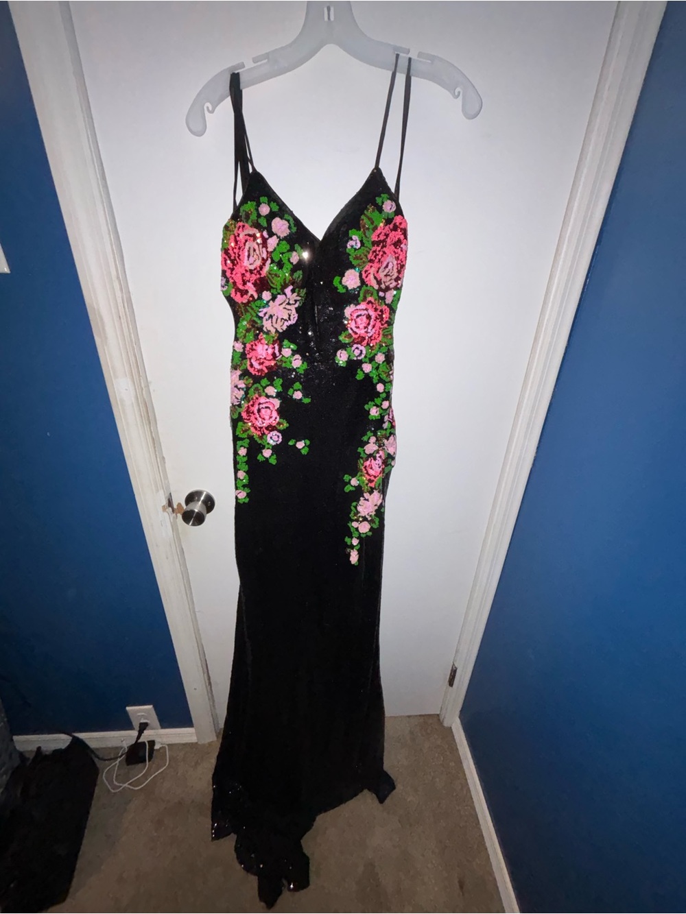 Black Sequin Slip Prom Dress with Pink Rose Embroidery